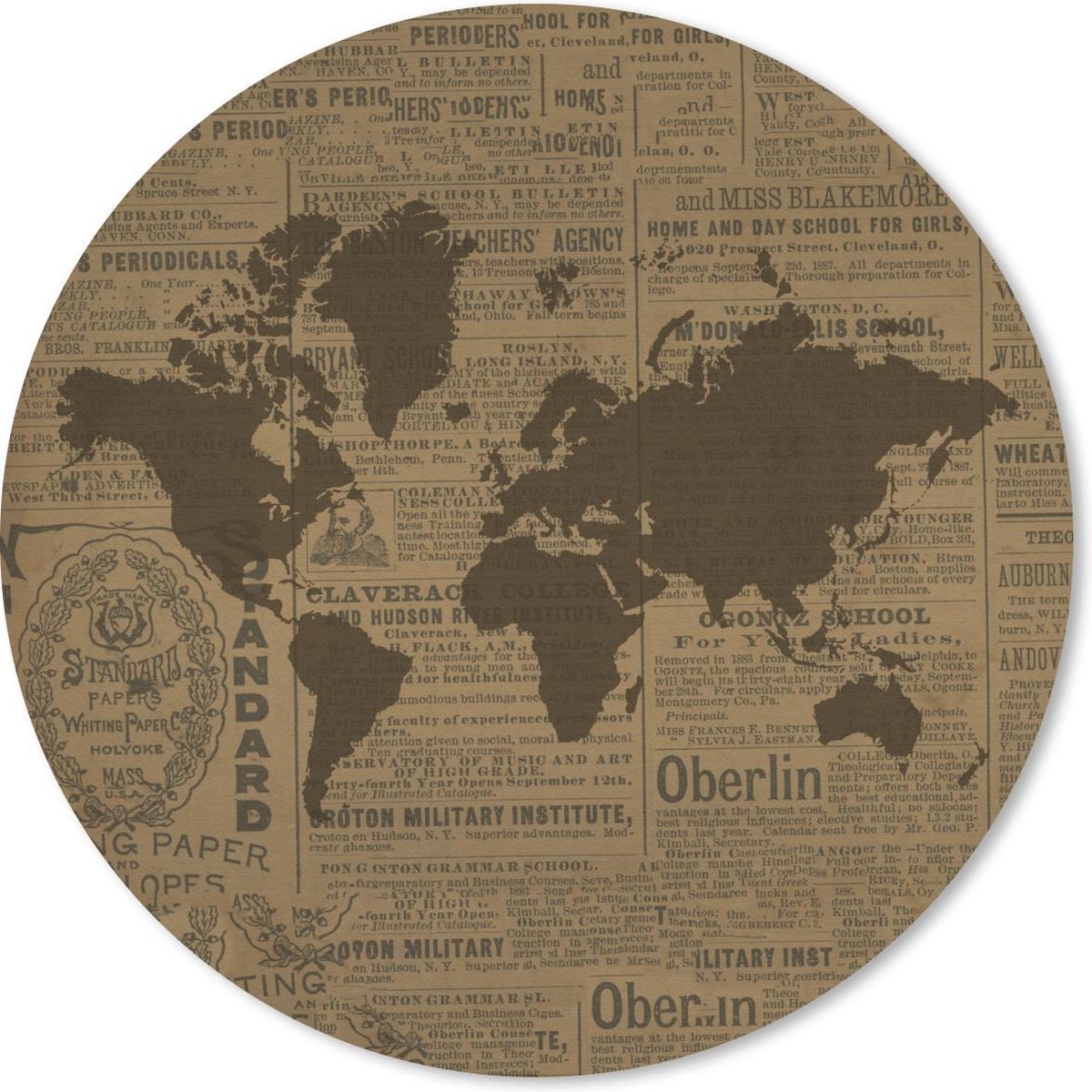 Muismat rond 40x40 cm - Mousepad Wereldkaart Bruin - Krant - Letters - Ronde muismatten