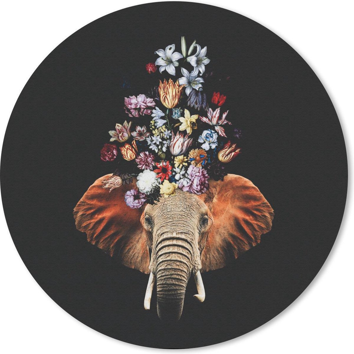 Muismat rond 40x40 cm - Mousepad Olifant - Bloemen - Kleuren - Ronde muismatten
