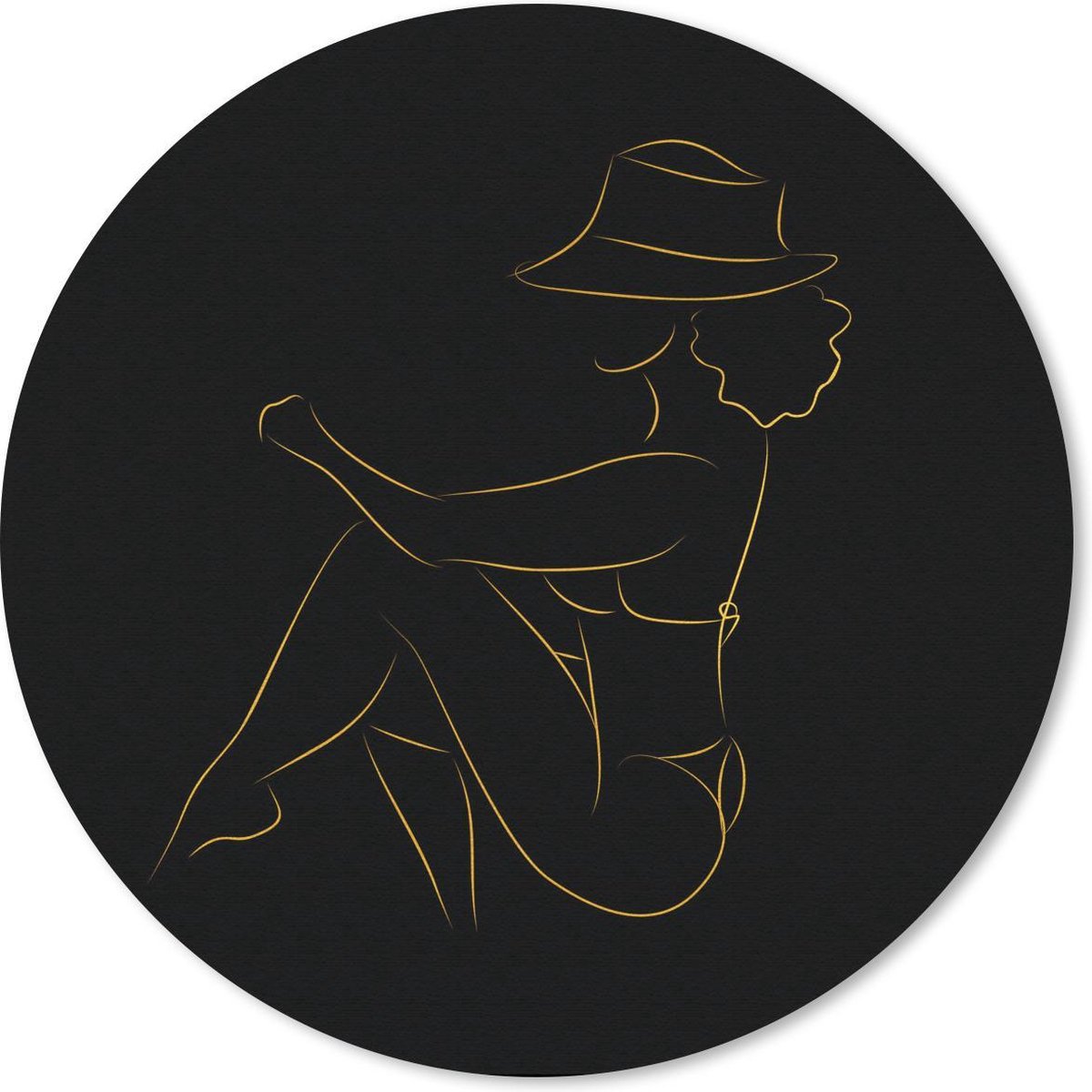 Muismat rond 40x40 cm - Mousepad Vrouw - Hoed - Black and gold - Line art - Ronde muismatten