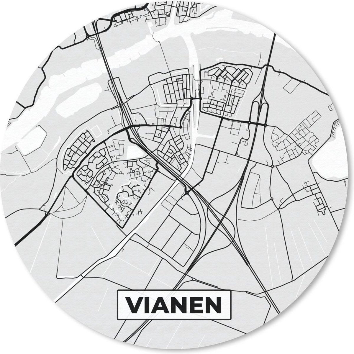 Muismat rond 40x40 cm - Mousepad Stadskaart - Vianen - Grijs - Wit - Ronde muismatten
