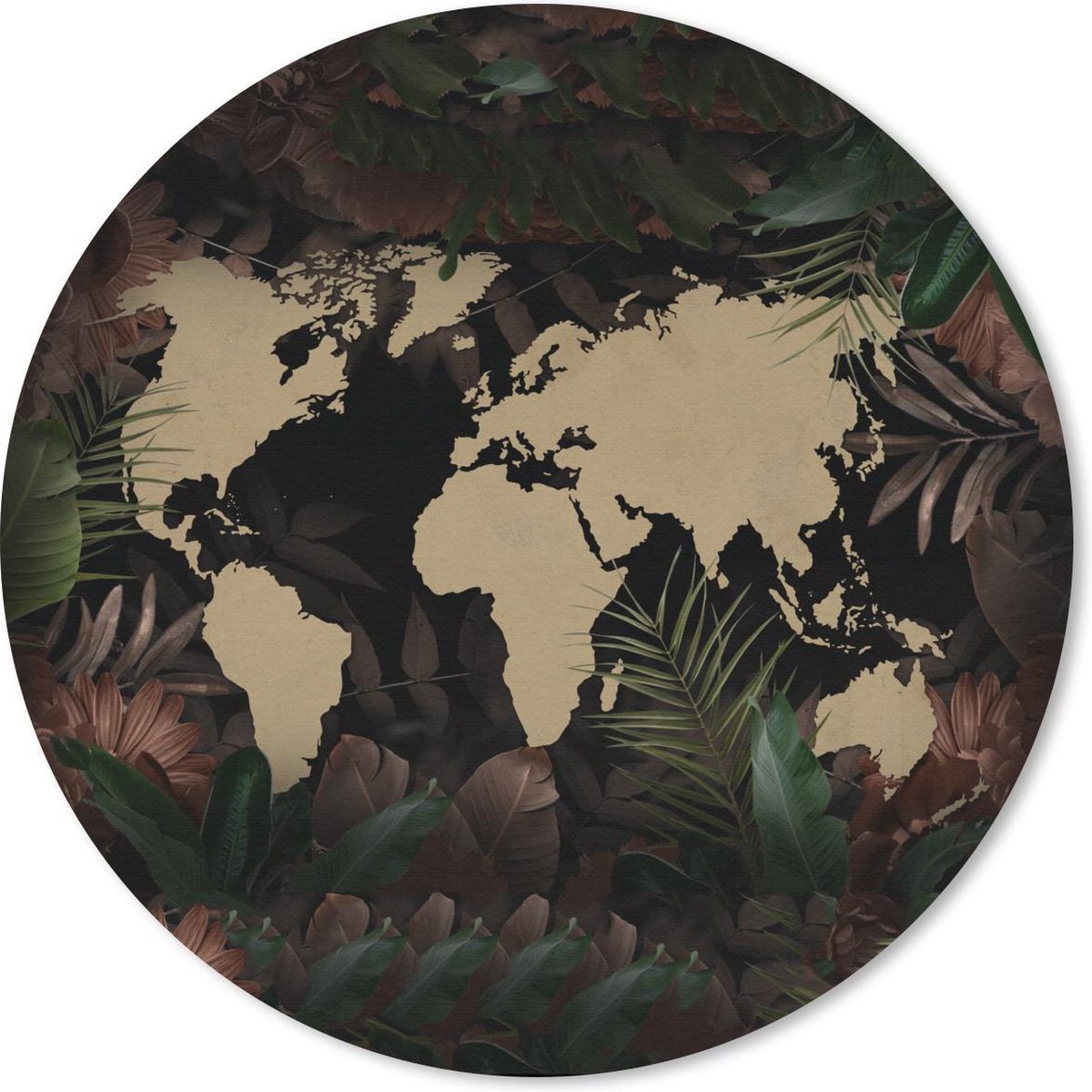 Muismat - Mousepad - Rond - Wereldkaart - Vintage - Bloemen - 50x50 cm - Ronde muismat