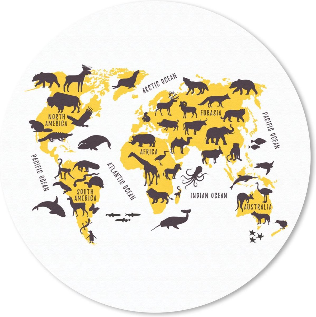 Muismat - Mousepad - Rond - Wereldkaart - Dieren - Geel - 50x50 cm - Ronde muismat
