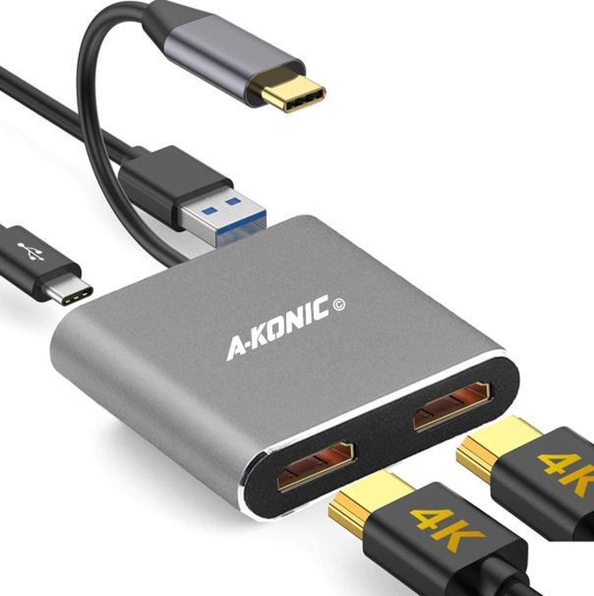 A-KONIC© 4-in-1 USB-C naar 2X HDMI, USB-C en USB 3.0 Dock - 4K DUAL HDMI HUB - Apple Macbook Pro - Dell XPS - Windows - Zwart