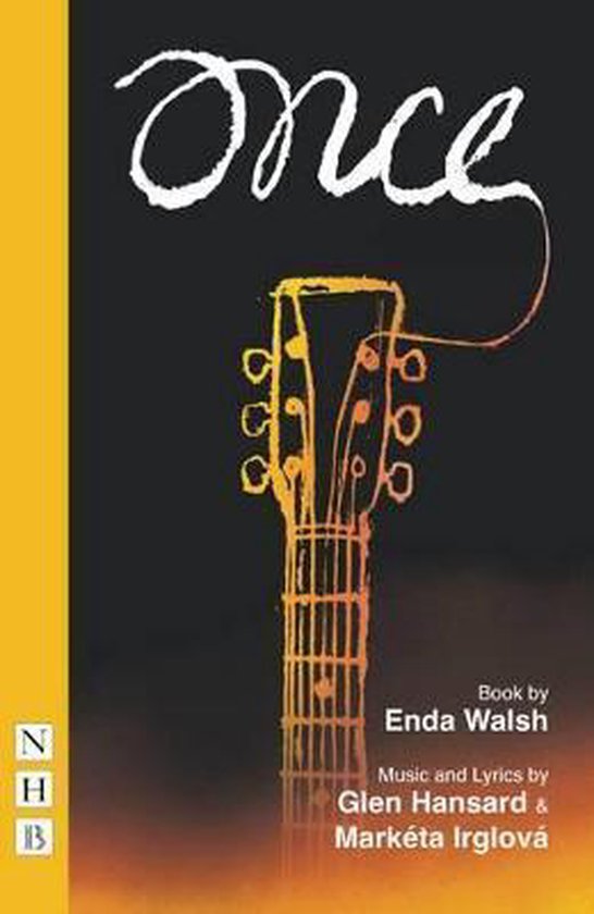 Boekcover met de titel 'Once' in sierlijk wit schrift, boven een illustratie van een gitaarhals in oranje tinten tegen een donkergrijze achtergrond. Links een gele band met NHB logo.