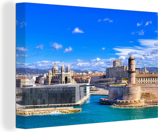 Canvas schilderij 140x90 cm - Wanddecoratie Uitzicht op het fort Saint-Jean in Marseille, Frankrijk - Muurdecoratie woonkamer - Slaapkamer decoratie - Kamer accessoires - Schilderijen