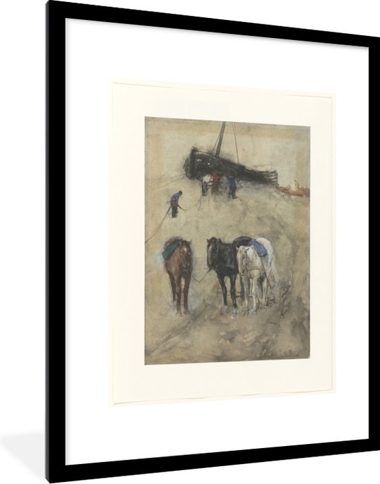 Fotolijst incl. Poster - Paarden op het strand met op de achtergrond een schuit en vissers - Schilderij van George Hendrik Breitner - 60x80 cm - Posterlijst