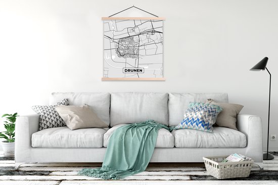Porte-affiche avec affiche - Affiche scolaire - Drunen - Zwart Wit - Plan de la ville - Carte - Plan d'étage - Pays- Nederland - 120x120 cm - lattes vierges