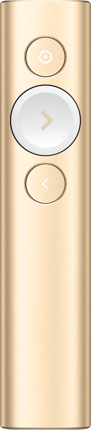 Gouden Logitech presentieklikker met een cirkelvormige knop en twee pijltjestoetsen.