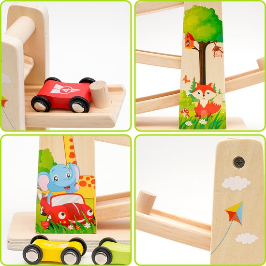 Knikkerbaan van hout - premium houten speelgoed met 4 auto's -autoracebaan houten speelgoed voor jongensgeschenken verjaardagscadeaus- racebaan educatief speelgoedcadeau voor kinderen vanaf 18 maanden - FEMUR