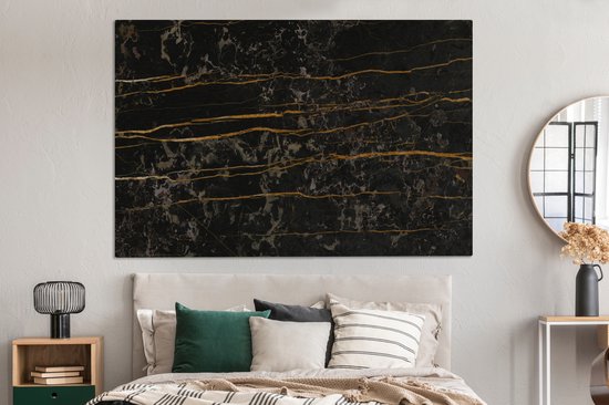 Canvas schilderij 150x100 cm - Wanddecoratie Marmer - Zwart - Goud - Ader - Muurdecoratie woonkamer - Slaapkamer decoratie - Kamer accessoires - Schilderijen op canvas