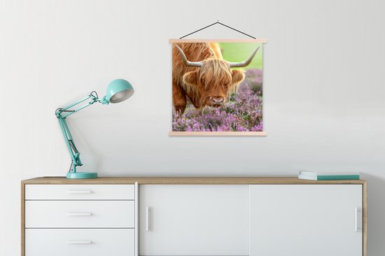 Porte-affiche avec affiche - Affiche scolaire - Highlander écossais - Violet - Fleurs - 90x90 cm - lattes vierges
