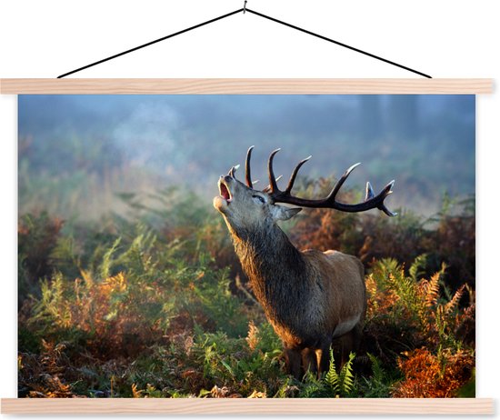 Posterhanger incl. Poster 60x40 cm - Schoolplaat - Hert - Bos - Mist - Textielposter - Blanke latten