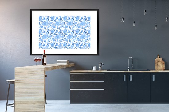 Poster in lijst - Fotolijst 120x80 cm - Posters - Bloemen - Patroon - Blauw - Posterlijst zwart - Decoratie - Wanddecoratie woonkamer - Muurdecoratie slaapkamer