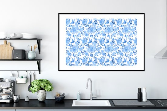 Poster in lijst - Fotolijst 120x80 cm - Posters - Bloemen - Patroon - Blauw - Posterlijst zwart - Decoratie - Wanddecoratie woonkamer - Muurdecoratie slaapkamer