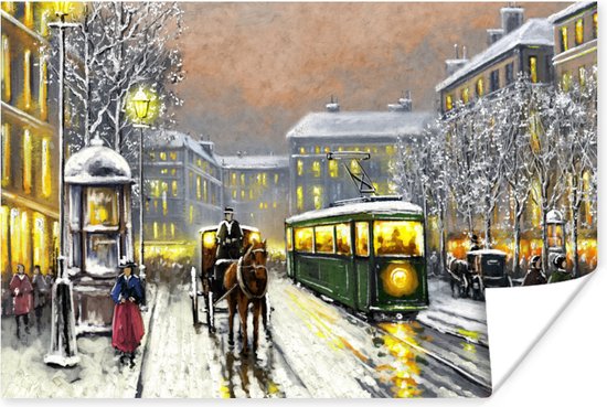 Poster Schilderij - Olieverf - Winter - Tram - Paard