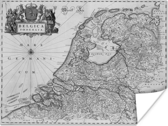 Poster Zwart wit landkaart van Nederland - 120x90 cm