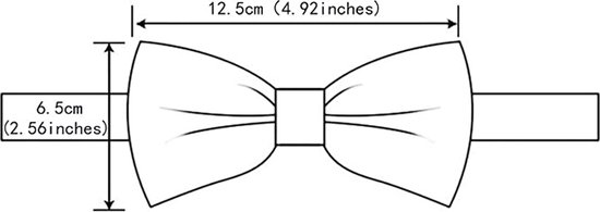 Schematische weergave van de afmetingen van een vlinderdas: 12.5cm breed, 6.5cm hoog.