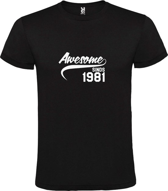 Zwart T-Shirt met “Awesome sinds 1981 “ Afbeelding Wit Size XS