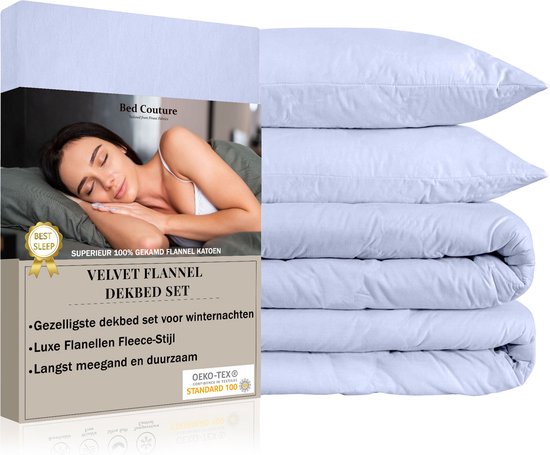 Bed Couture - Velvet Flanel Dekbedovertrek set - 100% Katoen Extra zacht en Warm - 135x200 + 2 kussenslopen 65x65 - Winter Blauw