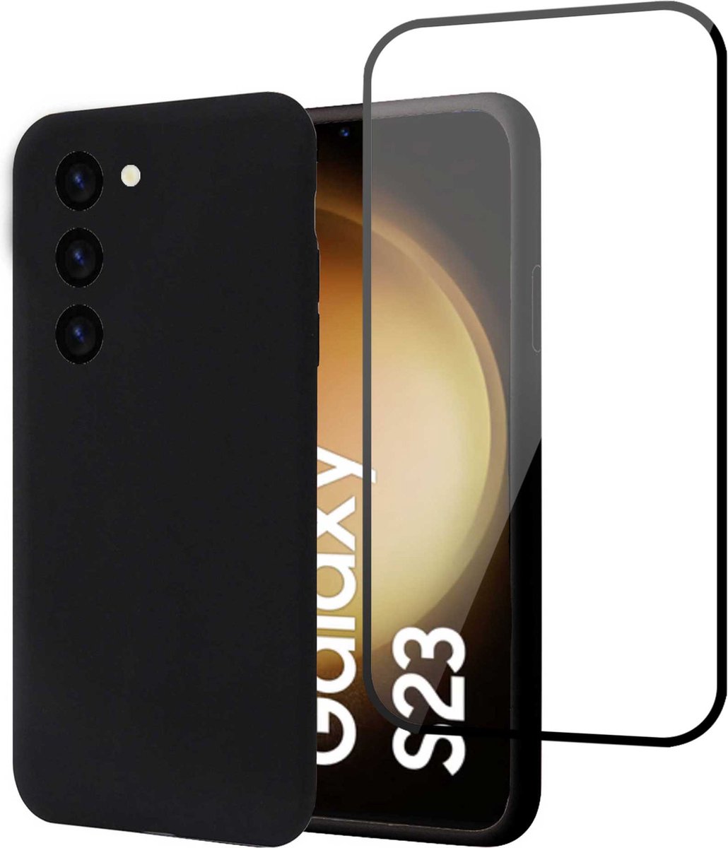 Hoesje geschikt voor Samsung S23 Plus + Screenprotector – Full Screen Tempered Glass - Liquid Back Case Cover Zwart