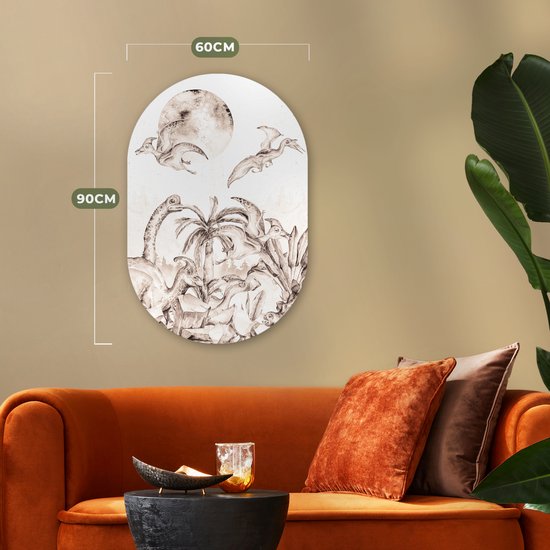 Ovale Mural - Ovale Mural - Décoration murale Plastique - Peinture Ovale - Dino - Enfants - Jungle - Plantes - Kids - 60x90 cm - Forme miroir ovale sur plastique