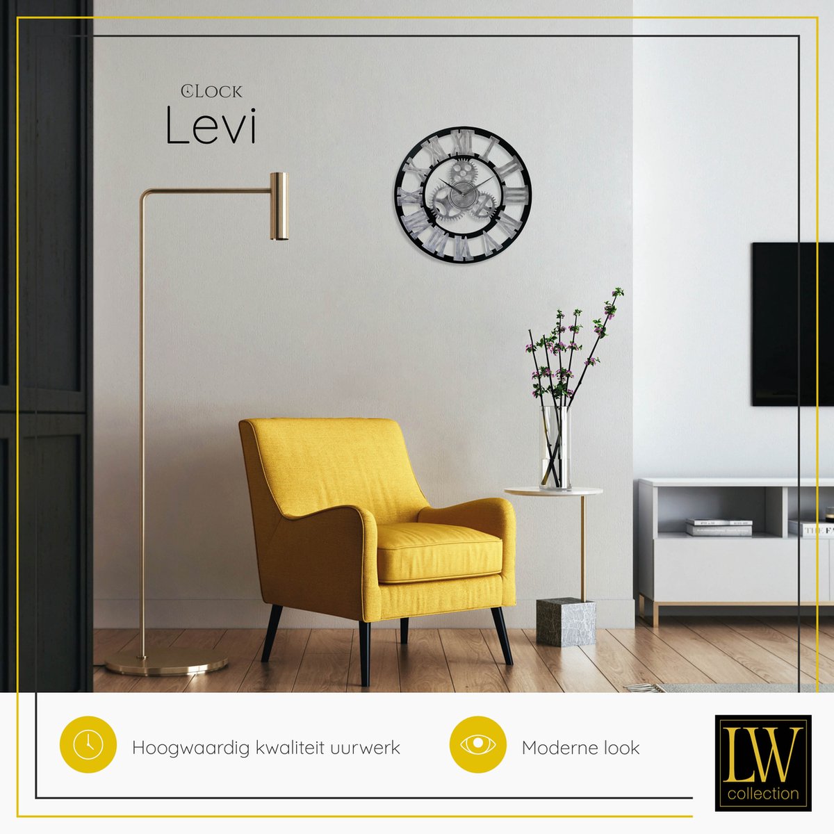 LW Collection Wandklok grijs zwart 40cm - Kleine houten klok met tandwielen romeinse cijfers - Industriële wandklok stil uurwerk — cadeau in Wonen & Interieur - foto 5