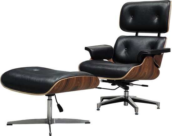 Lounge Chair XL + Hocker - Kantelmechanisme - Verstelbaar - Zwart - Fauteuil - Palissander - Set