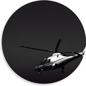 WallClassics - Dibond Muurcirkel - Vliegende Helikopter in Zwart Wit - 50x50 cm Foto op Aluminium Muurcirkel (met ophangsysteem)