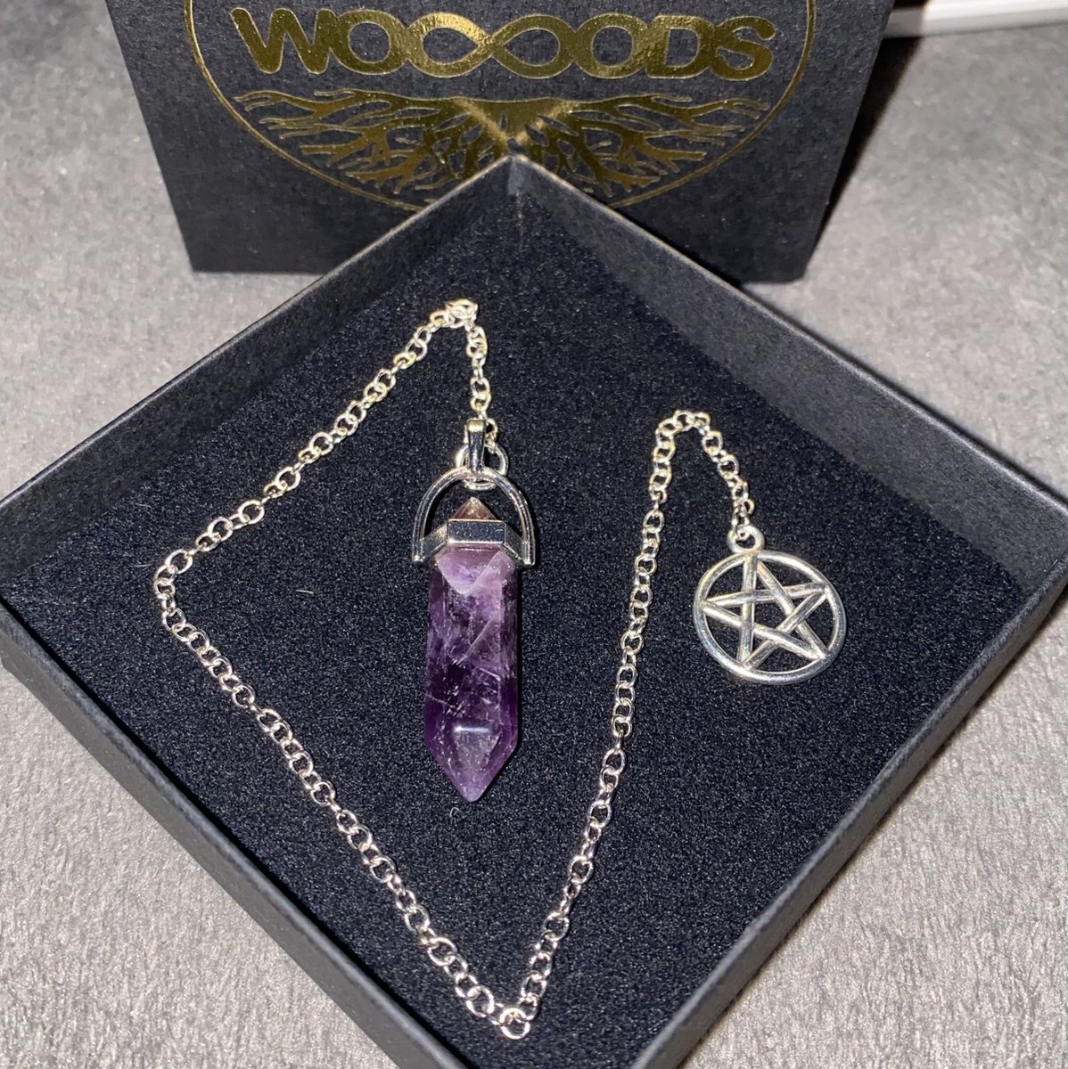Pendel Amethist Doorstromer met Pentagram - 24 cm - Magie - Bescherming - Intuïtie - Bewaa