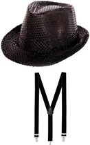 Toppers - Boland - Verkleedkleding set - Glitter hoed/bretels zwart volwassenen
