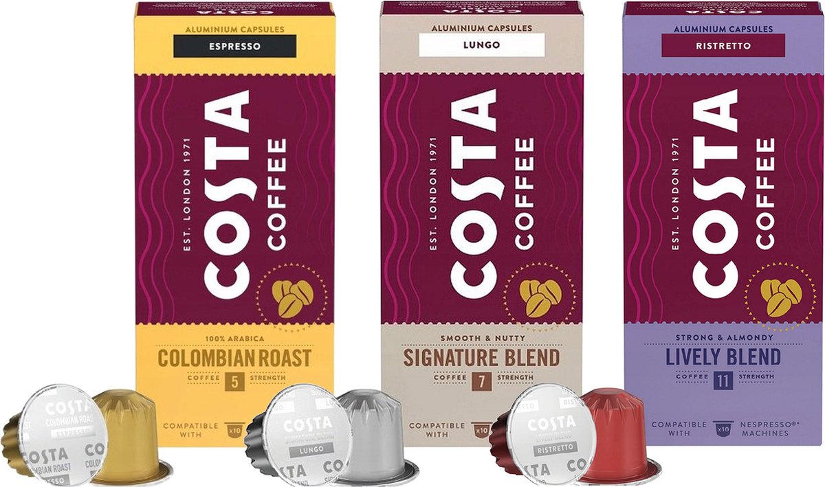 30 capsules COSTA Coffee - Colombian Roast, Signature Blend, Lively Blend