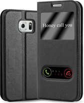 Cadorabo Hoesje geschikt voor Samsung Galaxy S6 EDGE PLUS in KOMEET ZWART - Beschermhoes met magnetische sluiting, standfunctie en 2 kijkvensters Book Case Cover Etui