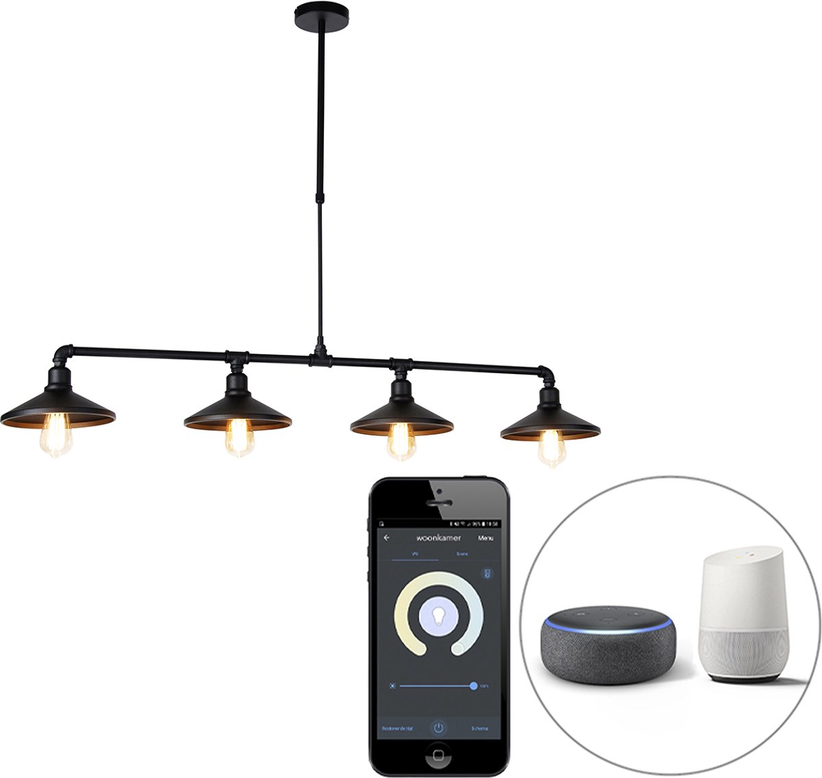 QAZQA laser hl - Landelijke Dimbare LED Smart Verstelbare hanglamp incl. wifi met Dimmer voor boven de eettafel | in eetkamer - 4 lichts - L 130 cm - Zwart - Industrieel - Woonkamer