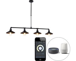 QAZQA laser hl - Landelijke Dimbare LED Smart Verstelbare hanglamp incl. wifi met Dimmer voor boven de eettafel | in eetkamer - 4 lichts - L 130 cm - Zwart - Industrieel - Woonkamer