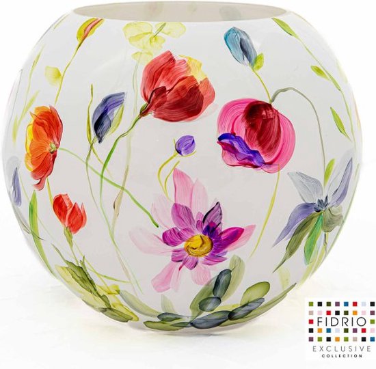 Design Vaas Bolvase flowers - Fidrio HANDPAINTED - glas, mondgeblazen bloemenvaas - diameter 40 cm