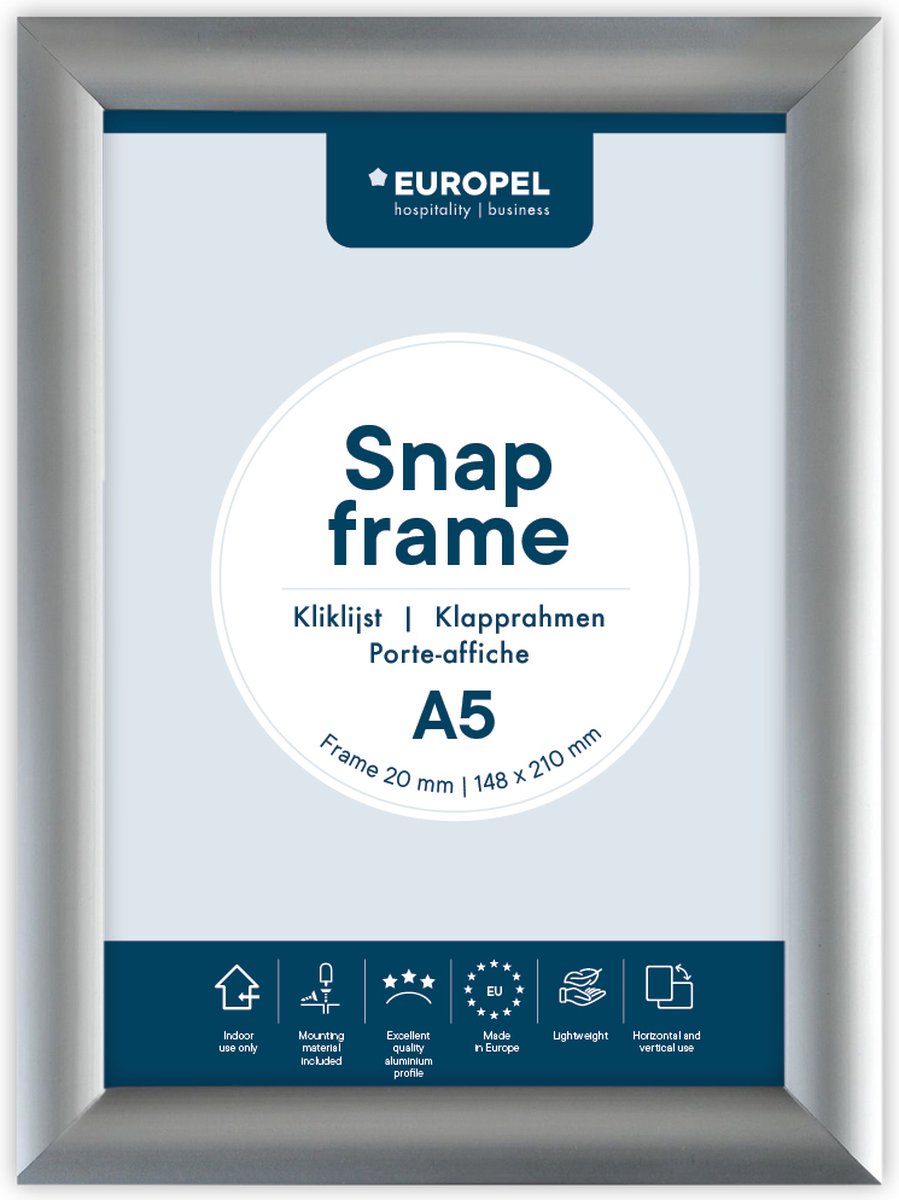 Europel Kliklijst – Posterlijst – A5 – 14,8 x 21 cm – 25mm – Aluminium – Zilver