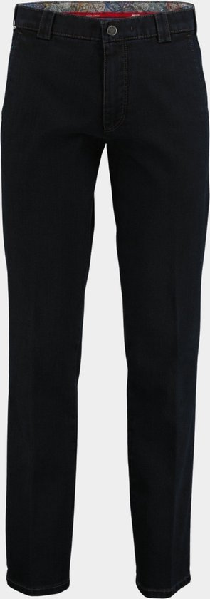 Donkerblauwe chino broek, recht model, met een effen voering aan de tailleband.