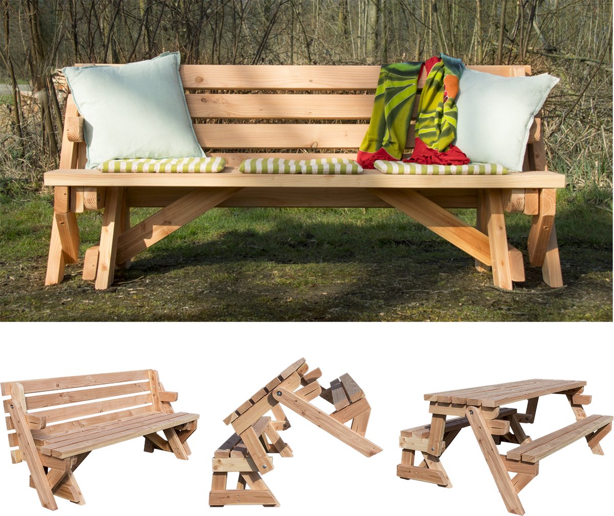 Inklapbare Picknicktafel - Bank en Picknicktafel 2 in 1 - model M 2 tot 5 personen - Douglas hout - GEEN schroefgaten in tafelblad - 4,5 cm hout dikte - volledig gemonteerd geleverd
