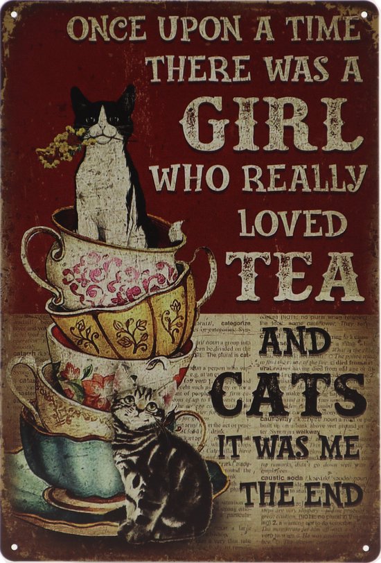 Foto: Wandbord cats tea katten thee vintage retro wanddecoratie reclame bord restaurant kroeg bar cafe horeca metal sign pin up girl 20x30cm