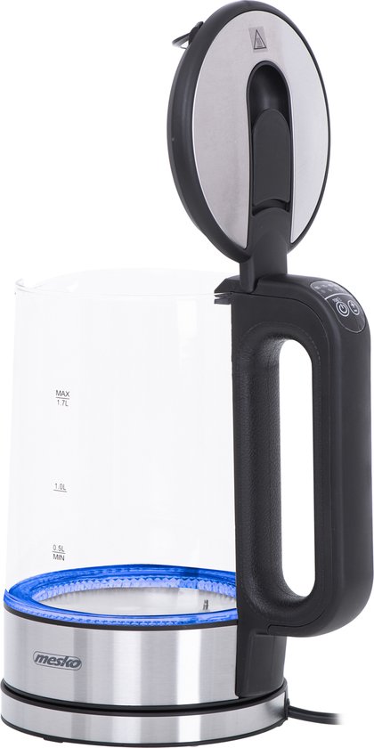 Glazen waterkoker met zwart handvat en RVS voet, met deksel open en blauw licht.