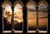 Fotobehang - Vlies Behang - Uitzicht door de Romeinse Pilaren op het Mistige Bos - 3D - 312 x 219 cm