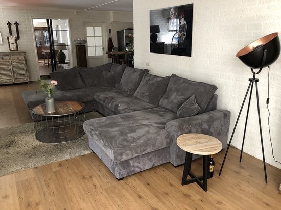 Grand canapé d'angle U-lounge en tissu côtelé neuf, modèle U, taupe, noir  et gris | bol