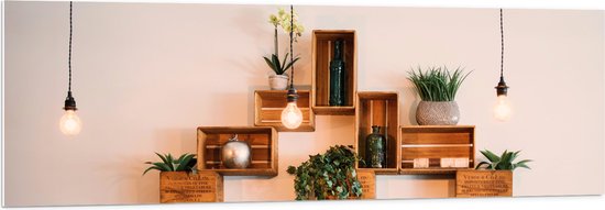 PVC Schuimplaat- Trio Lampen voor Kistjes met Planten aan de Muur - 150x50 cm Foto op PVC Schuimplaat