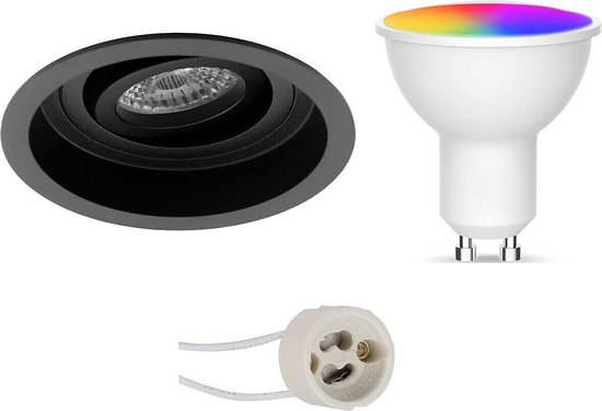 LED Spot Set GU10 - Oficto - Smart LED - Wifi LED - Slimme LED - 5W - RGB+CCT - Aanpasbare Kleur - Dimbaar - Afstandsbediening - Proma Domy Pro - Inbouw Rond - Mat Zwart - Verdiept - Kantelbaar - Ø105mm