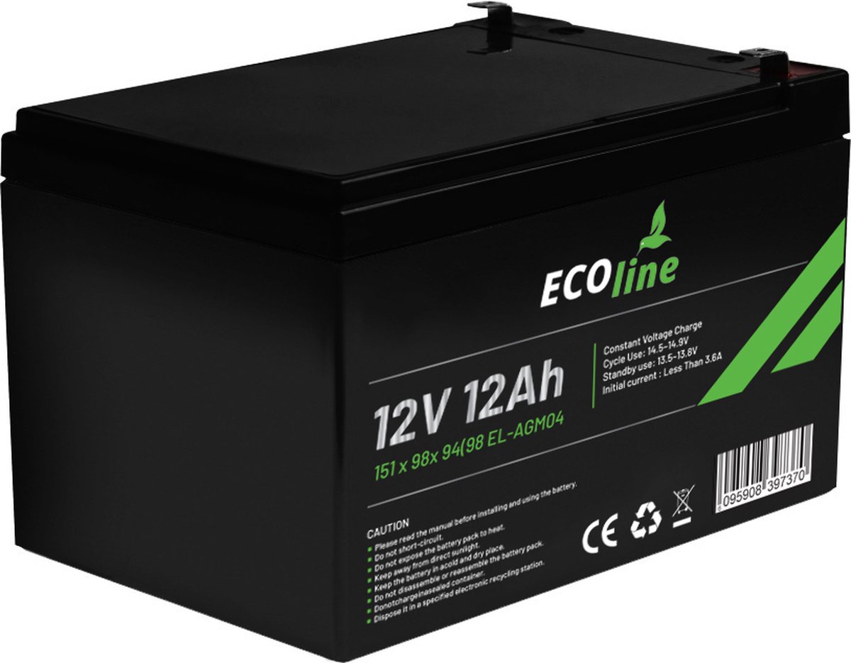 EcoLine - AGM 12V 12AH - 12000mAh VRLA Batterij - 151 x 98x 94(98) - Deep Cycle Accu