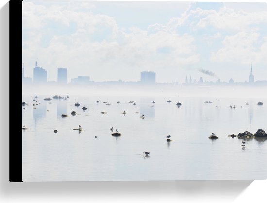 WallClassics - Canvas - Mist bij Skyline achter Meer met Vogels - 40x30 cm Foto op Canvas Schilderij (Wanddecoratie op Canvas)