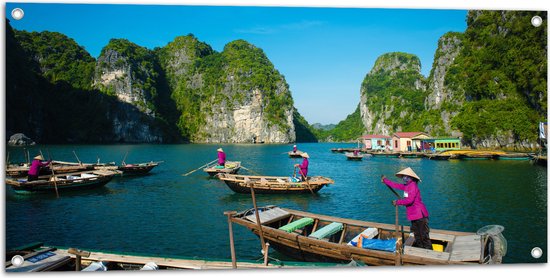 Tuinposter – Bootjes in de Baai - Vietnam - 100x50 cm Foto op Tuinposter (wanddecoratie voor buiten en binnen)