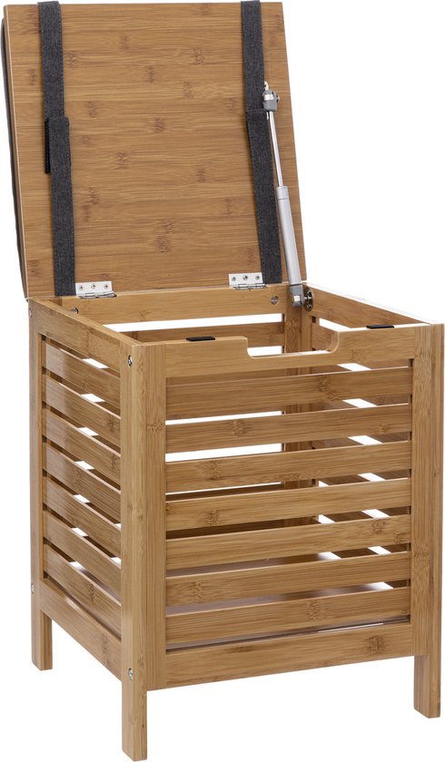 Relaxdays badkamer bankje met wasmand, 100 l, HBD 50x100x38 cm, hout en stof, badkamerkruk met opbergruimte, naturel/wit