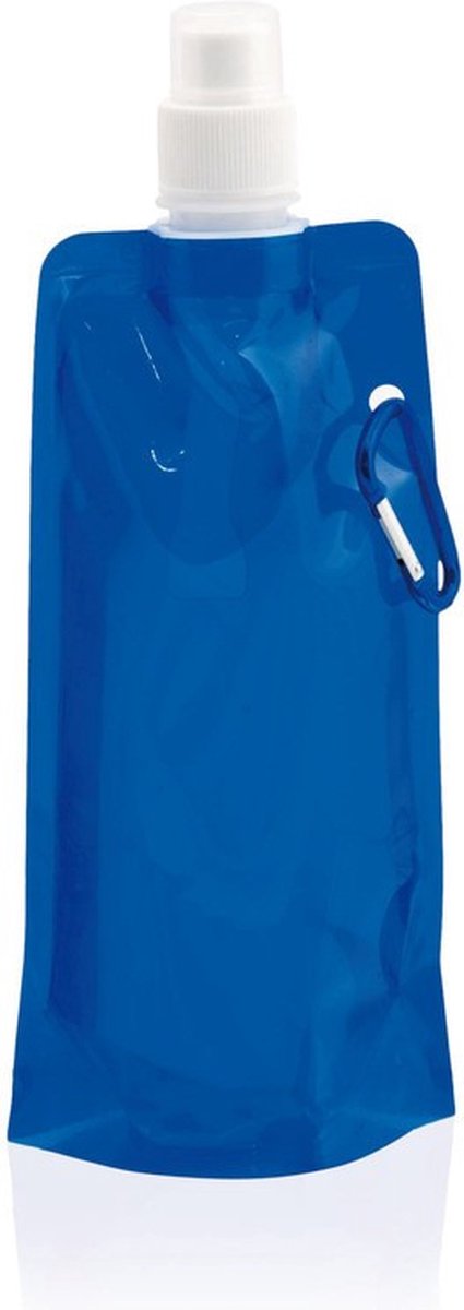 Set van 4x stuks waterzak / drinkfles met karabijnhaak - Blauw - 400 ml - Opvouwbaar - Waterfles herbruikbaar met haak - Herbruikbare opvouwbare waterzakken - Festival Gadget