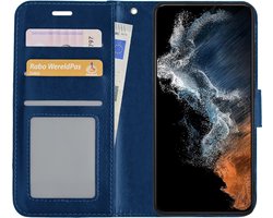 Hoesje - Met Pasjeshouder - Geschikt voor Samsung Galaxy S22 - Luxe Bookcase Portemonee - Flip Case - Kunstleer Book Case - Flipcase - Book Cover - Walletcase - Portemonneehoes - Donkerblauw